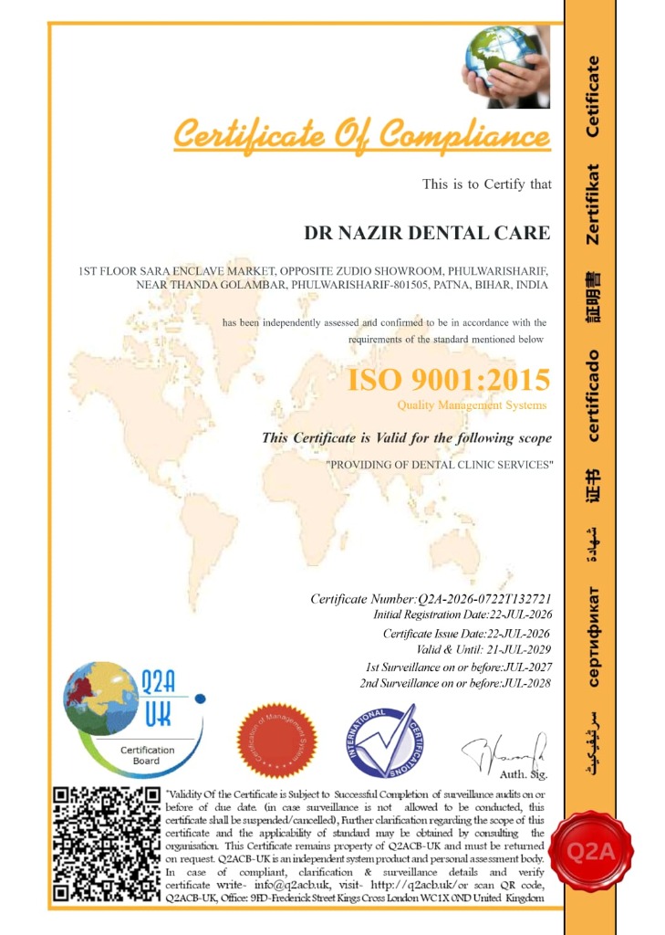 DR NAZIR DENTAL CARE ISO 9001:2015 Certificate of Compliance